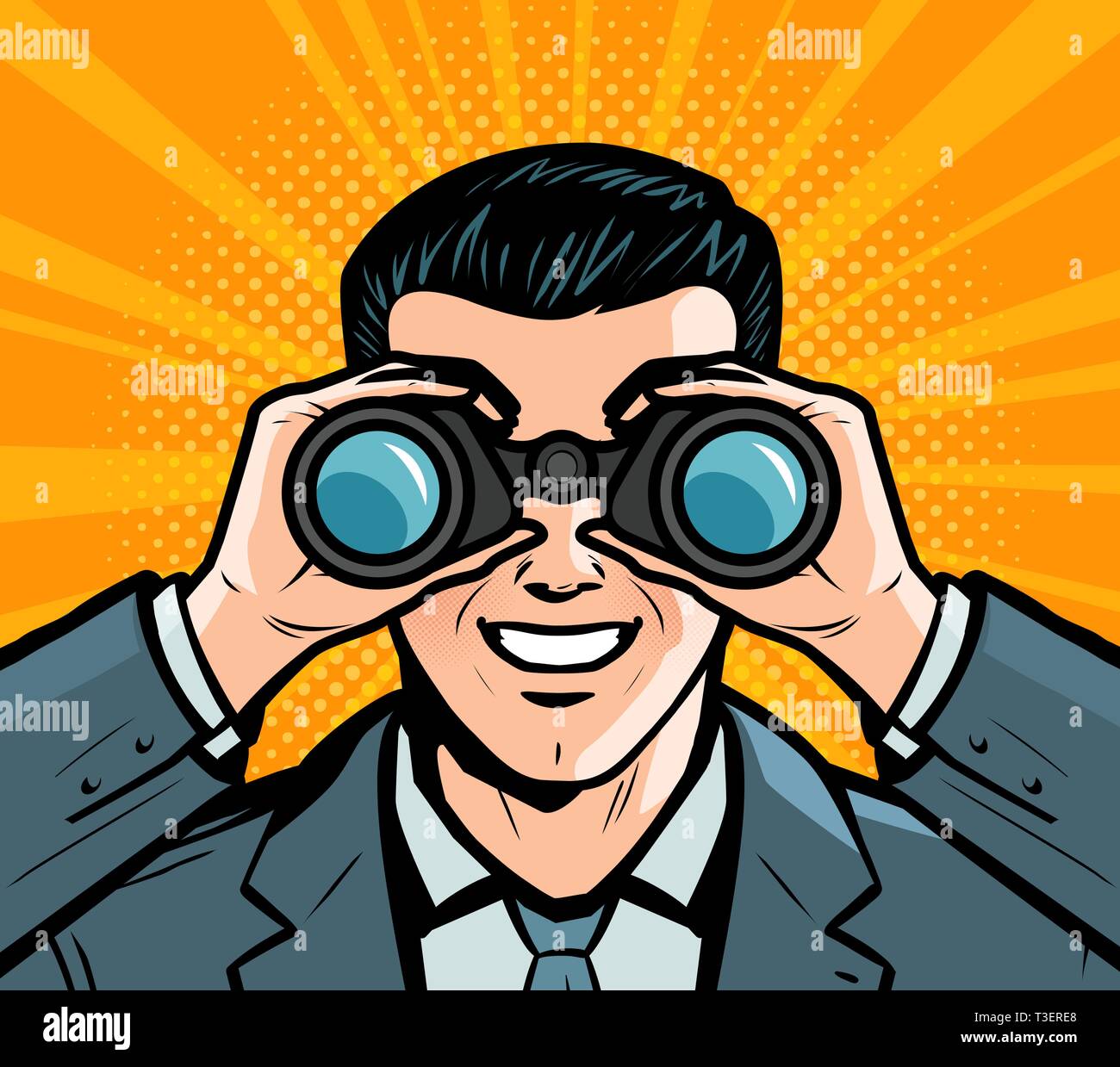 Businessman looking through binoculars. Pop art retro style bande dessinée. Cartoon vector illustration Illustration de Vecteur