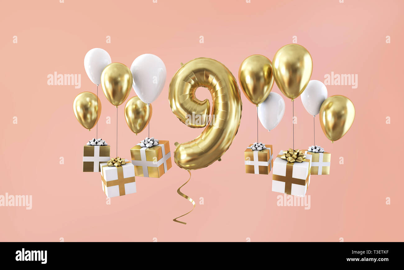 Celebration De L Anniversaire De Numero 9 Ballon D Or De Cadeaux 3d Render Photo Stock Alamy