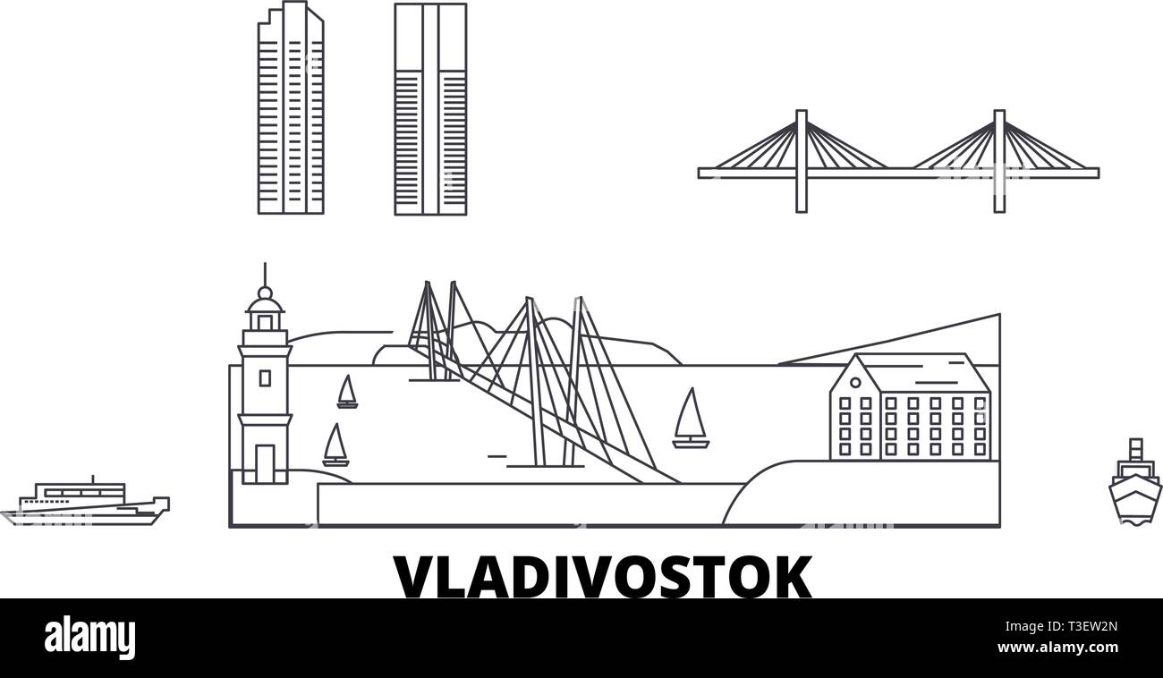 La Russie, Vladivostok voyage ligne jeu skyline. La Russie, Vladivostok contours city vector illustration, symbole de voyage, sites touristiques, monuments. Illustration de Vecteur