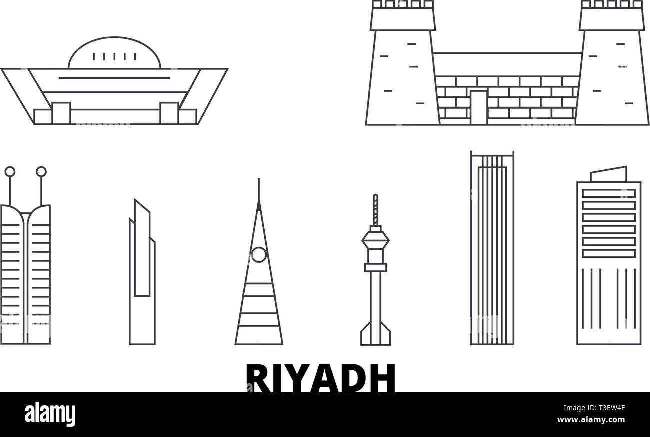 L'Arabie saoudite, Riyad skyline voyages en ligne. L'Arabie saoudite, Riyad contours city vector illustration, symbole de voyage, sites touristiques, monuments. Illustration de Vecteur