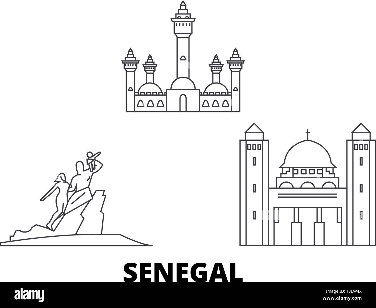 Sénégal voyage ligne. set skyline Sénégal contours city vector illustration, symbole de voyage, sites touristiques, monuments. Illustration de Vecteur