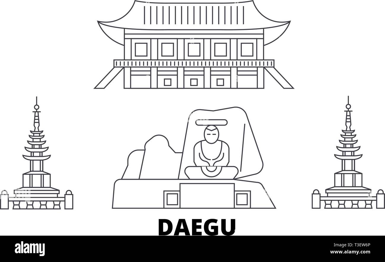 La Corée du Sud, Daegu skyline voyages en ligne. La Corée du Sud, Daegu contours city vector illustration, symbole de voyage, sites touristiques, monuments. Illustration de Vecteur