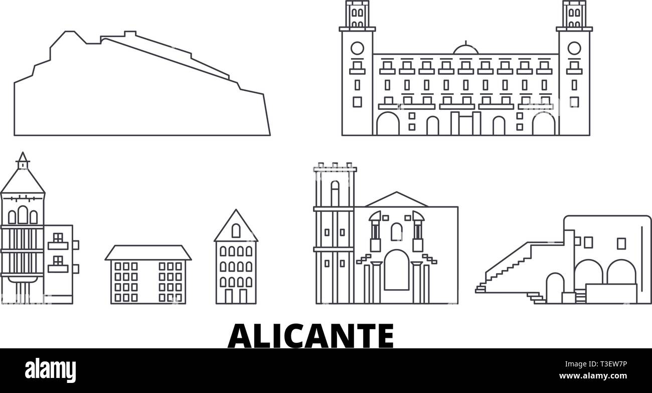 L'Espagne, Alicante voyage ligne jeu skyline. L'Espagne, Alicante ville contour vector illustration, symbole de voyage, sites touristiques, monuments. Illustration de Vecteur