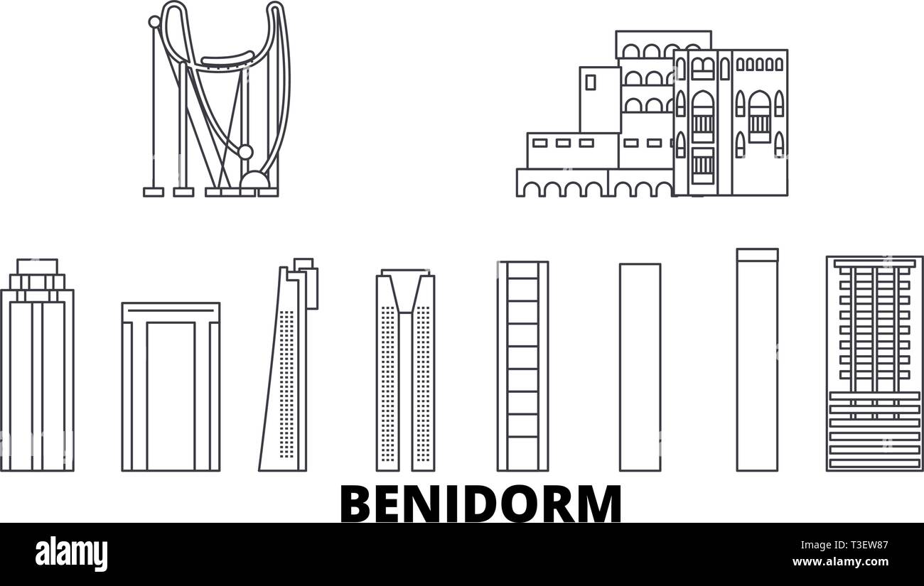 L'Espagne, Benidorm skyline voyages en ligne. L'Espagne, Benidorm contours city vector illustration, symbole de voyage, sites touristiques, monuments. Illustration de Vecteur