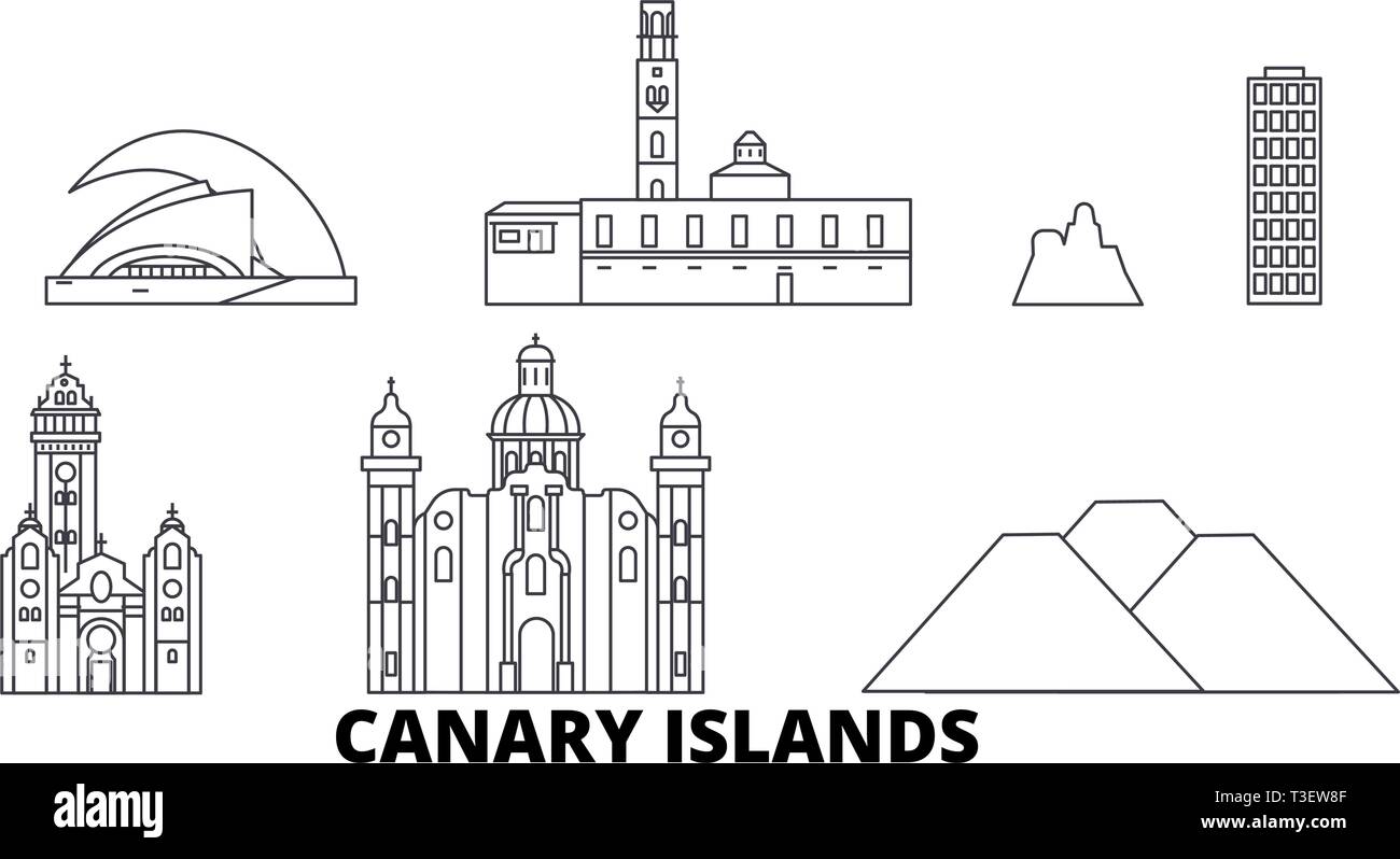 Espagne, Canaries voyage ligne jeu skyline. Espagne, Canaries contours city vector illustration, symbole de voyage, sites touristiques, monuments. Illustration de Vecteur