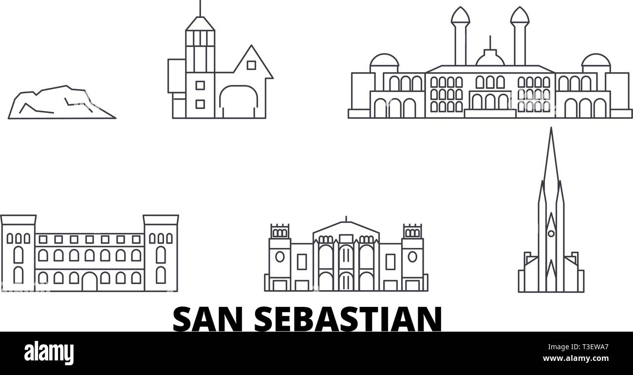 Espagne, San Sebastian skyline voyages en ligne. Espagne, San Sebastian contours city vector illustration, symbole de voyage, sites touristiques, monuments. Illustration de Vecteur