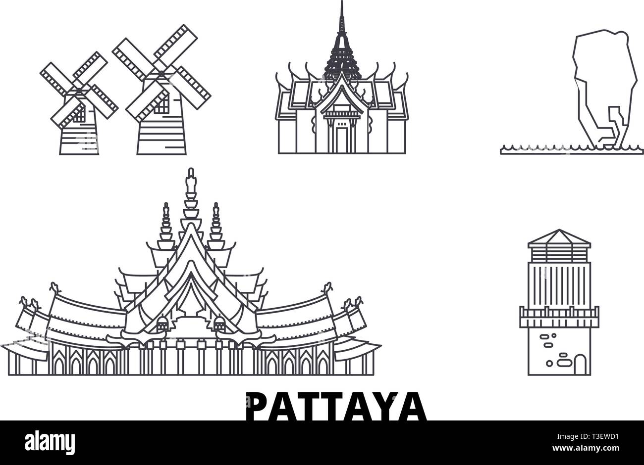 La Thaïlande, Pattaya voyage ligne jeu skyline. La Thaïlande, Pattaya city contour vector illustration, symbole de voyage, sites touristiques, monuments. Illustration de Vecteur