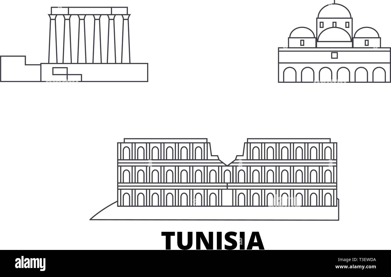 Ligne d'horizon de la Tunisie voyage ensemble. La Tunisie ville contour vector illustration, symbole de voyage, sites touristiques, monuments. Illustration de Vecteur