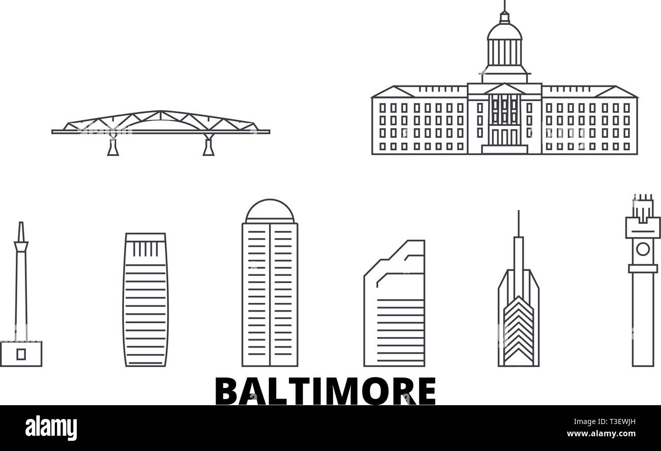 United States, Baltimore voyage ligne jeu skyline. United States, contours de Baltimore City vector illustration, symbole de voyage, sites touristiques, monuments. Illustration de Vecteur