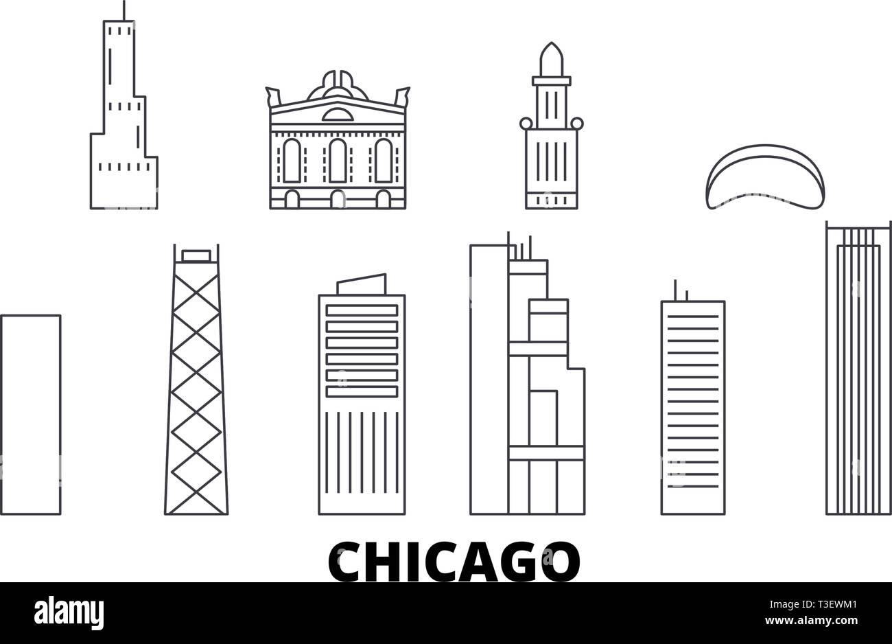 États-unis, Chicago skyline voyages en ligne. États-unis, Chicago ville contour vector illustration, symbole de voyage, sites touristiques, monuments. Illustration de Vecteur