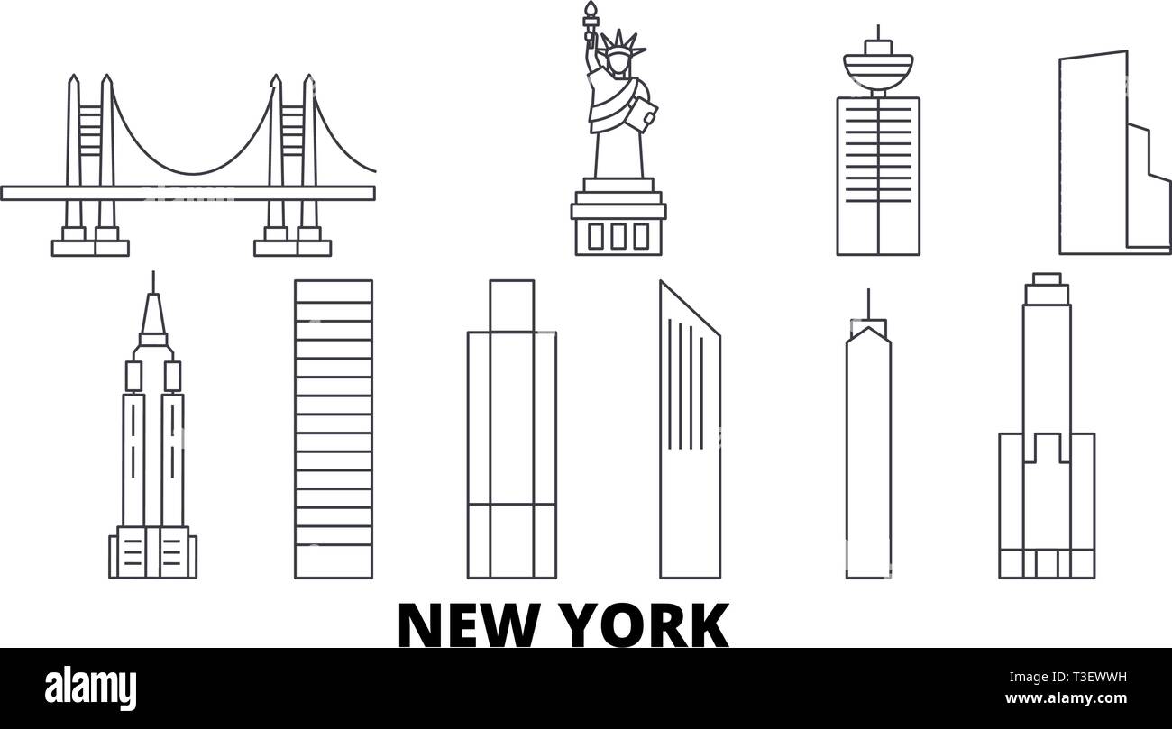 United States, New York City skyline voyages en ligne. United States, New York city contour vector illustration, symbole de voyage, sites touristiques, monuments. Illustration de Vecteur