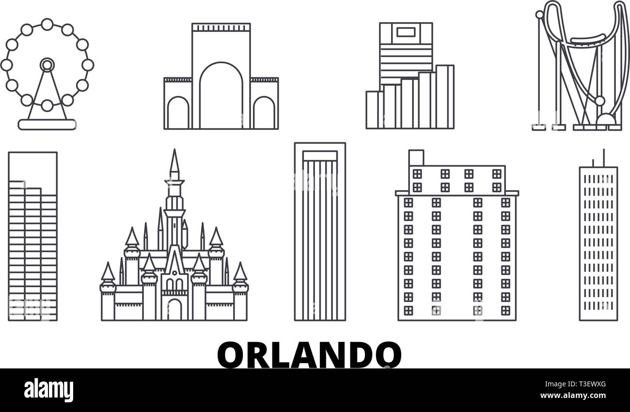 Unis, Orlando skyline voyages en ligne. Unis, Orlando contours city vector illustration, symbole de voyage, sites touristiques, monuments. Illustration de Vecteur