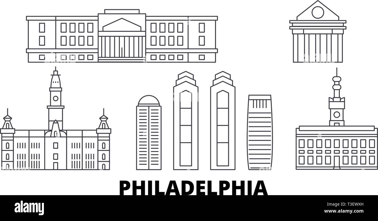 United States, axe Philadelphie billet skyline set. États-unis, Philadelphie Ville contour vector illustration, symbole de voyage, sites touristiques, monuments. Illustration de Vecteur