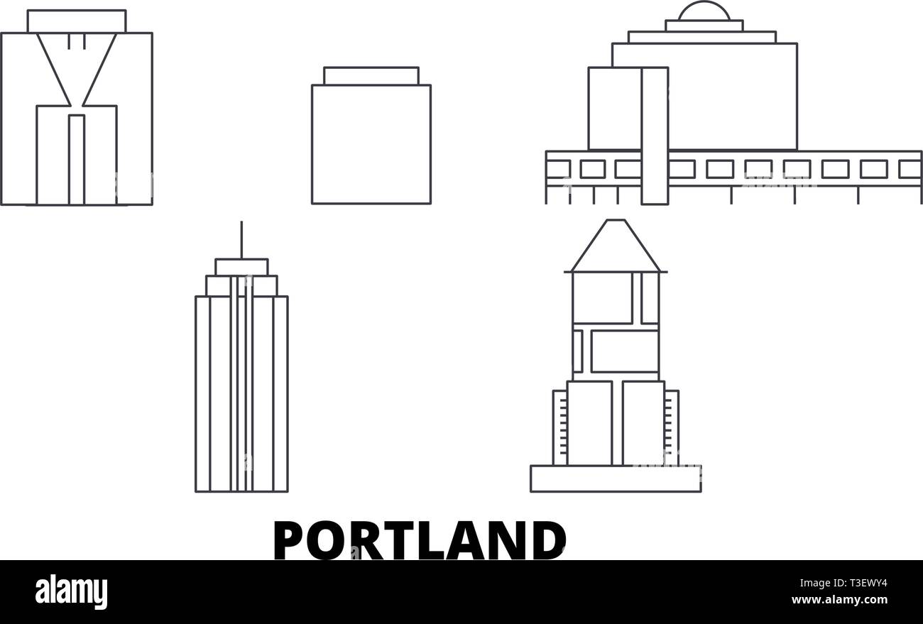États-unis, Portland City skyline voyages en ligne. États-unis, Portland City ville contour vector illustration, symbole de voyage, sites touristiques, monuments. Illustration de Vecteur