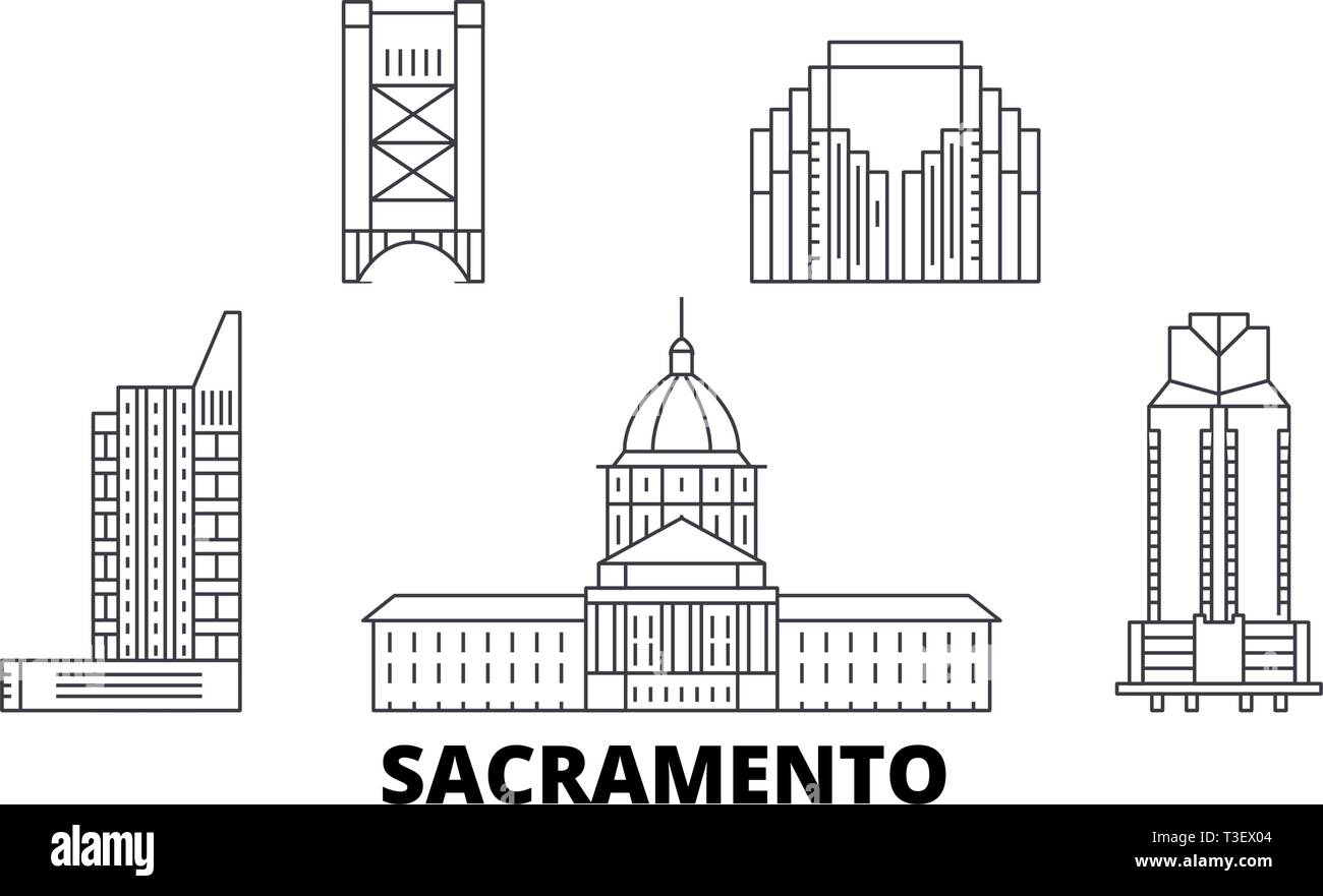 United States, New York City skyline voyages en ligne. United States, Sacramento contours city vector illustration, symbole de voyage, sites touristiques, monuments. Illustration de Vecteur