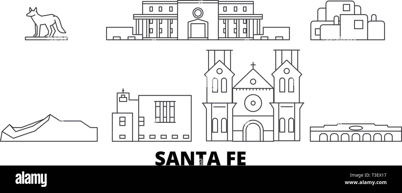 United States, Santa Fe skyline voyages en ligne. United States, Santa Fe ville contour vector illustration, symbole de voyage, sites touristiques, monuments. Illustration de Vecteur