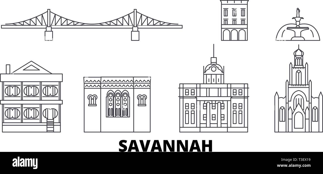 United States, Savannah voyage ligne jeu skyline. United States, contours de Savannah city vector illustration, symbole de voyage, sites touristiques, monuments. Illustration de Vecteur