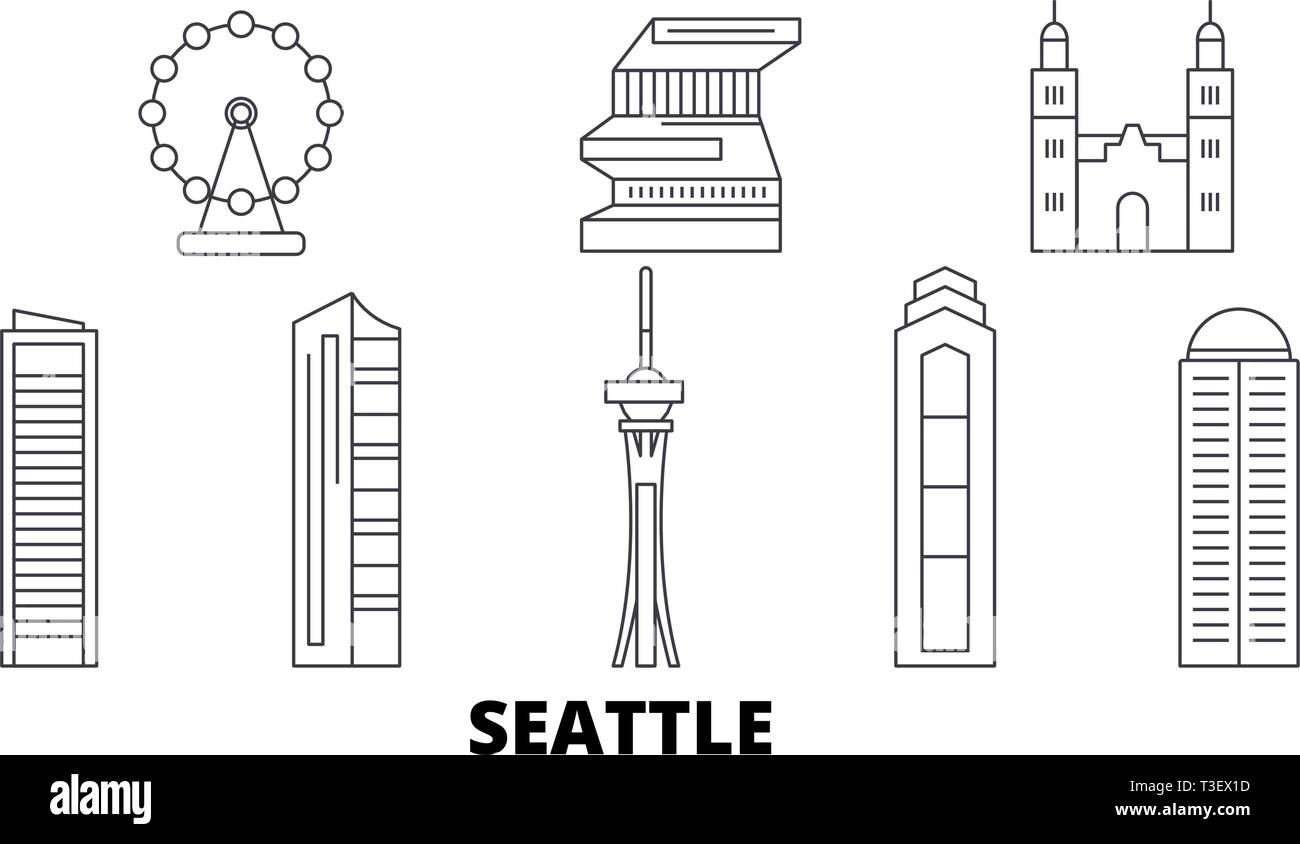 États-unis, Seattle skyline voyages en ligne. États-unis, Seattle contours city vector illustration, symbole de voyage, sites touristiques, monuments. Illustration de Vecteur