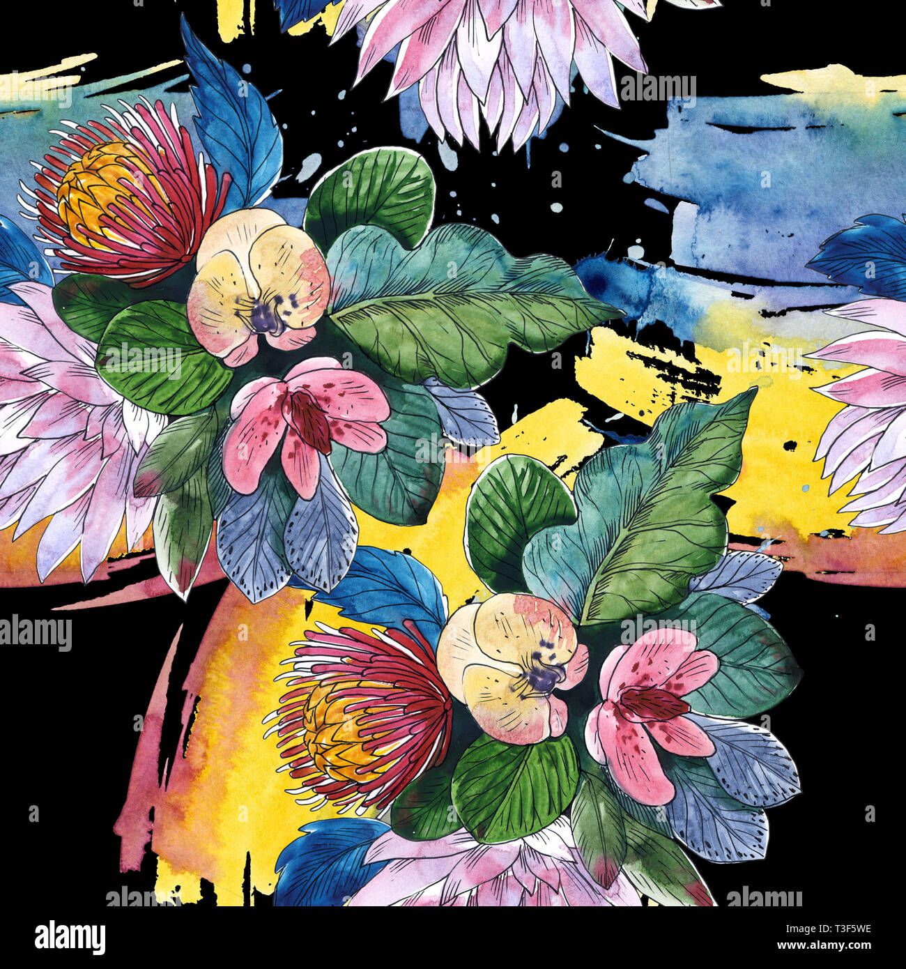 Bouquet de fleurs sauvages fleurs botanique floral. Contexte aquarelle illustration set. Motif de fond transparent. Banque D'Images