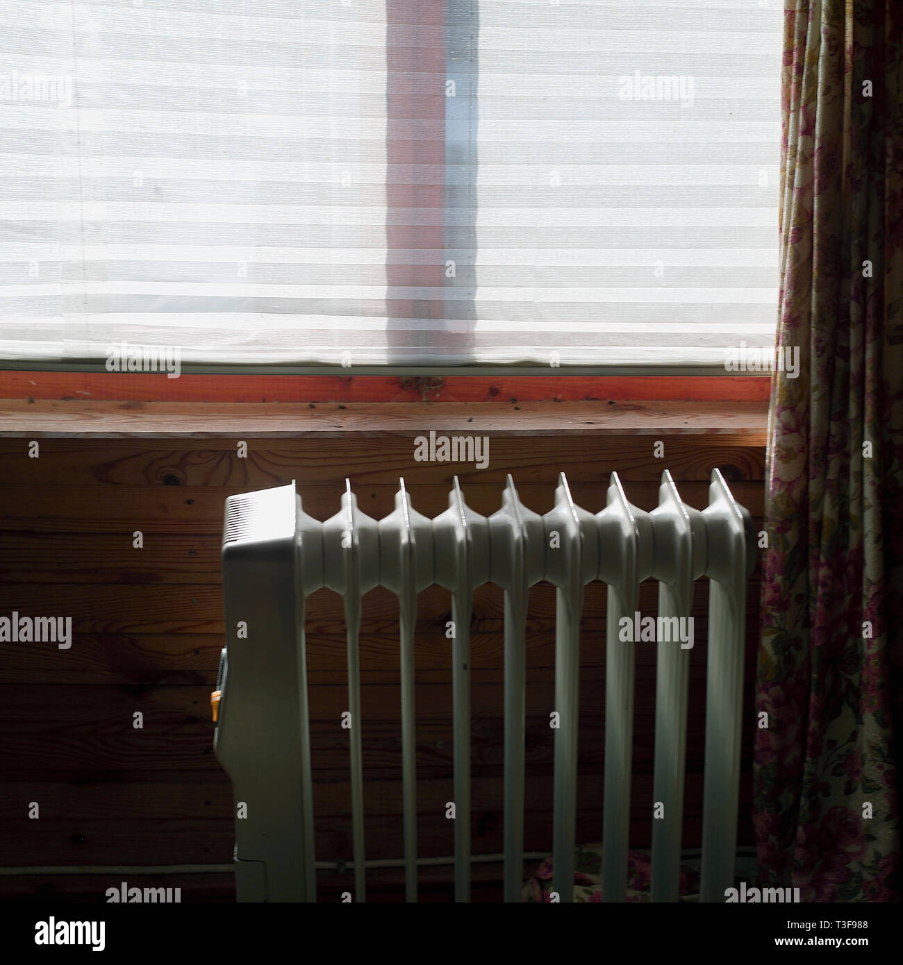 Profondeur de champ image de radiateur électrique debout contre la fenêtre Banque D'Images