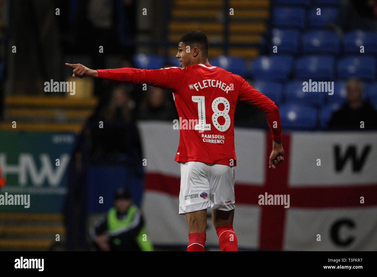 Bolton, Royaume-Uni. 09 avr, 2019. Ashley Fletcher de Middlesbrough célèbre après avoir marqué leur deuxième but durant le match de championnat de Sky Bet entre Bolton Wanderers et Middlesbrough à l'Université de Bolton Stadium Crédit : MI News & Sport /Alamy Live News Banque D'Images