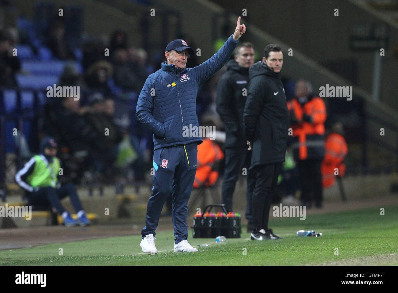 Bolton, Royaume-Uni. 09 avr, 2019. Tony Pulis le manager de Middlesbrough lors de la Sky Bet Championship match entre Bolton Wanderers et Middlesbrough à l'Université de Bolton, Bolton Stadium le mardi 9 avril 2019. (Photo Credit : Mark Fletcher | MI News) Credit : MI News & Sport /Alamy Live News Banque D'Images