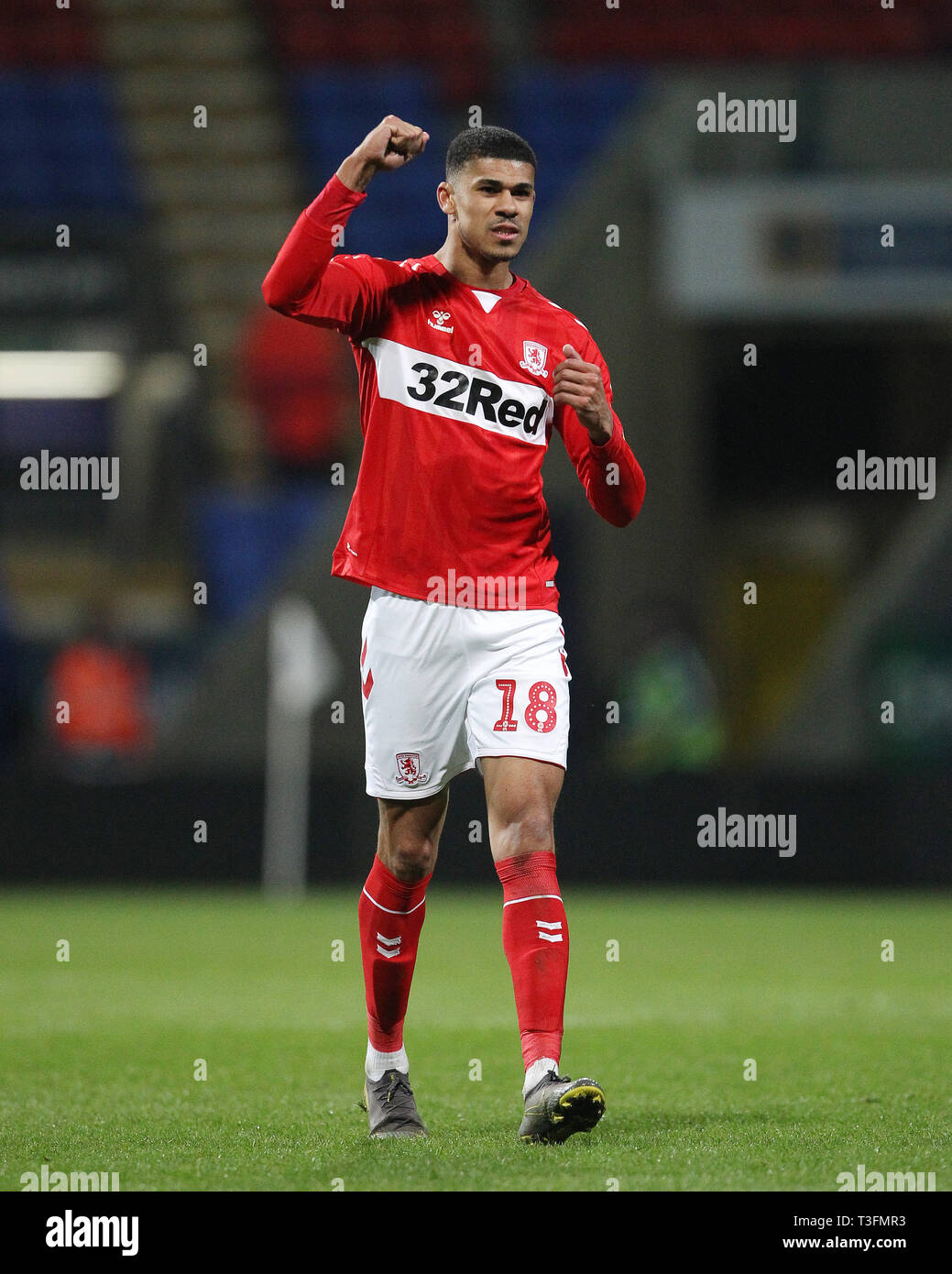 Bolton, Royaume-Uni. 09 avr, 2019. Ashley Fletcher de Middlesbrough célèbre à la fin du match après avoir marqué deux buts dans le match de championnat de Sky Bet entre Bolton Wanderers et Middlesbrough à l'Université de Bolton, Bolton Stadium le mardi 9 avril 2019. (Photo Credit : Mark Fletcher | MI News) Credit : MI News & Sport /Alamy Live News Banque D'Images