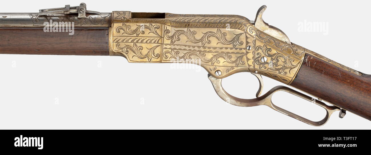 Un Winchester Mod. 1866 Mousquet., Cal..44 RF, no. 86601. Round 27'-tonneau sans inscription, châssis réglable vue. Le châssis et le corps en laiton avec des racines de vigne afghane la gravure. Crosse en noyer avec support en laiton. A été remanié et décoré tout en étant utilisé en Afghanistan. Légèrement Mécanisme défectueux. Erwerbsscheinpflichtig historique., historiques, 19e siècle, les grands canons, d'armes, d'armes, d'armes, armes à feu, le bras, le bras, l'incendie, aux armes à feu, armes à feu, armes à feu, armes à feu, objet, objets, alambics, clipping, coupures, cut out, cut-out, cut-outs,-Additional-Rights Clearance-Info-Not-Available Banque D'Images