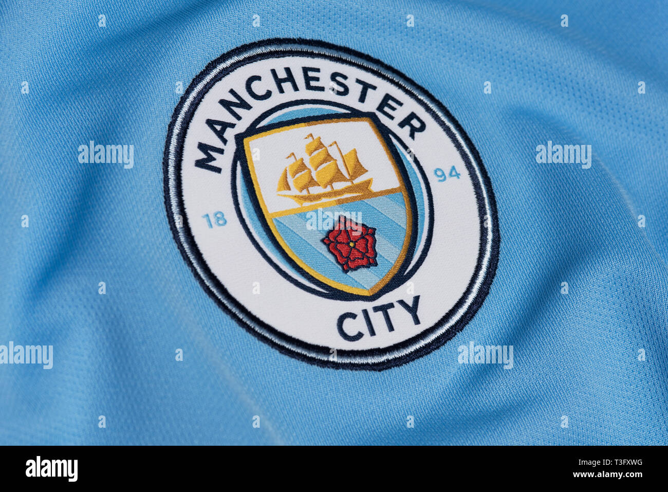 Close up of Manchester City home jersey. Banque D'Images