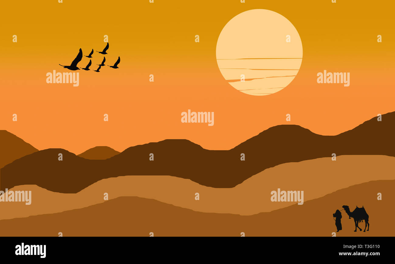Un paysage désertique avec des oiseaux, les chameaux et les Bédouins. Arrière-plan de jeu en couches vectorielles pour l'effet de parallaxe. Un paysage désertique avec des dunes ondulées. Banque D'Images