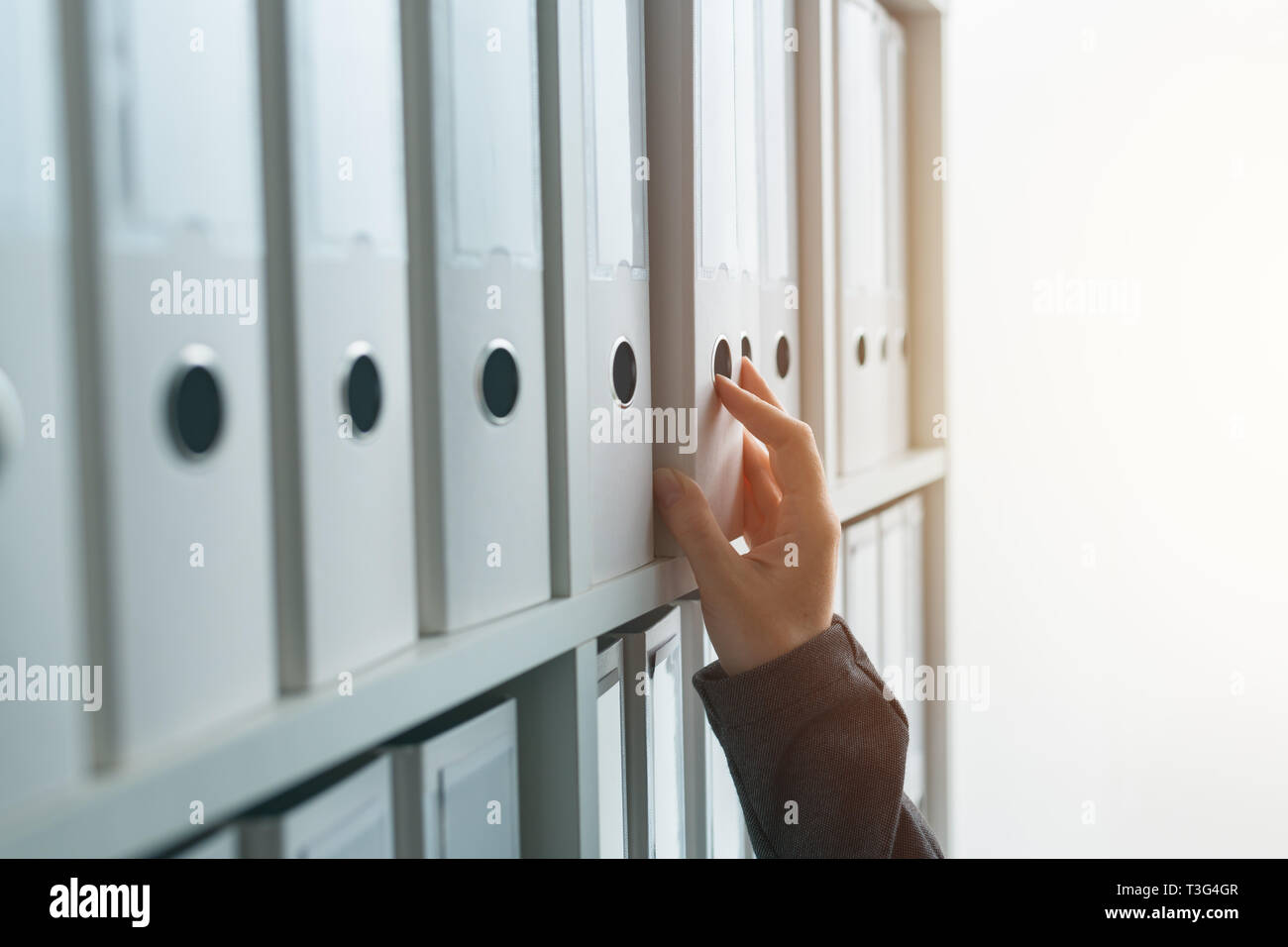 Businesswoman parcourant classeur documentation fichiers archives o l'étagère par bureau d'affaires, Close up of hand Banque D'Images