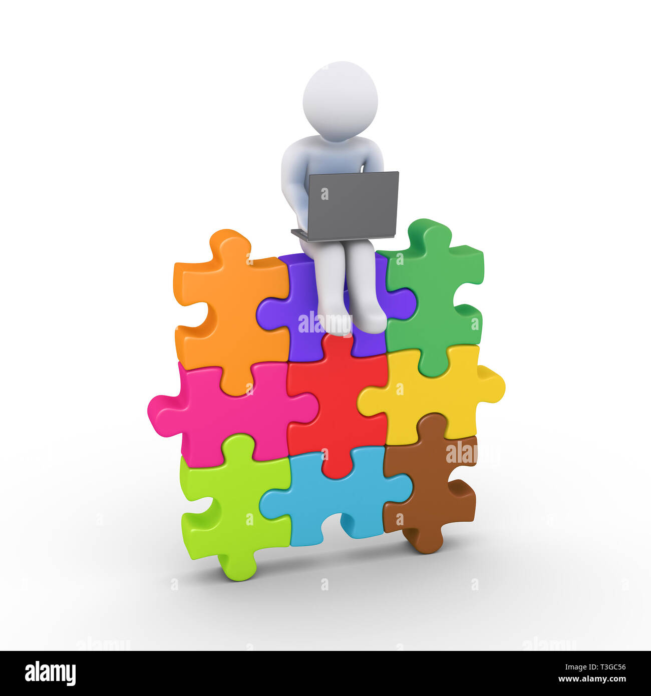 Personne 3d avec un ordinateur portable est connecté sur des pièces de puzzle Banque D'Images