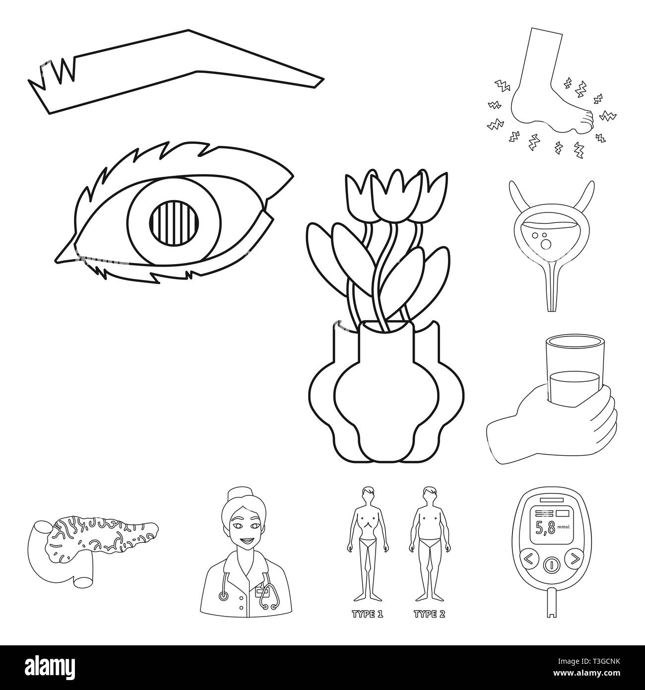 Eye,foot,eau,incontinence,pancréas,infirmière,homme,diabete,pauvres,les pieds plats,vessie,verre,orgue,médecin,obésité,mesure,os,cornée douloureuse,des,soin,DE,formation,analyse,dommage,cheville,patient,fonction,minéraux,sucré,santé,alimentation,diabète symptômes,traitement,maladie,santé,médecine,,set,icône,,illustration,collection,isolé,design,graphisme,élément signe,ligne,plan,vecteurs vecteur , Illustration de Vecteur