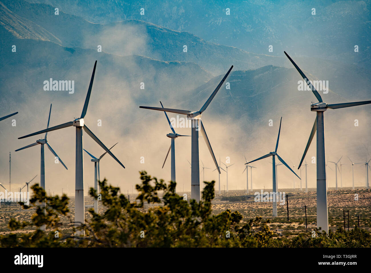 Grands Moulins à vent sur une ferme éolienne dans le désert californien près de Palm Springs générer nettoyer l'énergie alternative. Banque D'Images