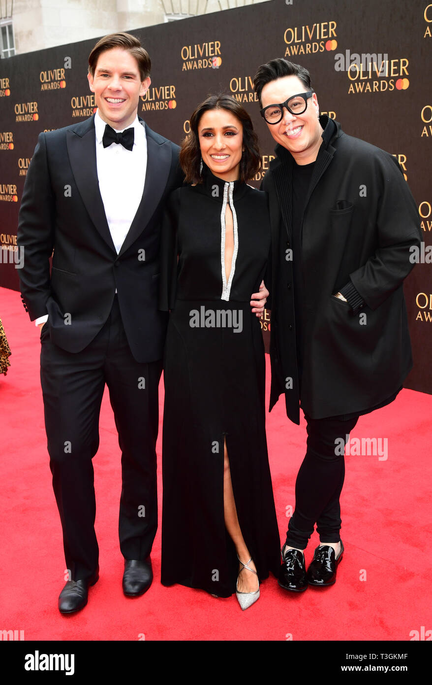 (De gauche à droite) Frank Dilella, Anita Rani et Gok Wan à l'Olivier Awards, Royal Albert Hall, Londres. Banque D'Images