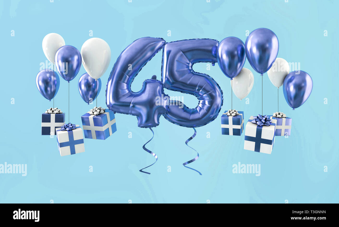 Numéro 45 anniversaire ballon d'or de cadeaux. 3D Render Banque D'Images