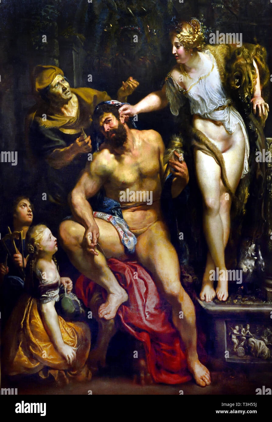 Hercule et Omphale par Peter Paul Rubens 1577-1640 Belgique Belge Flamande ( Hercules est tombé sous le charme d'Omphale, Reine de Lydie, et est réduit à la filature de laine, la fusée et la quenouille en main ) Banque D'Images
