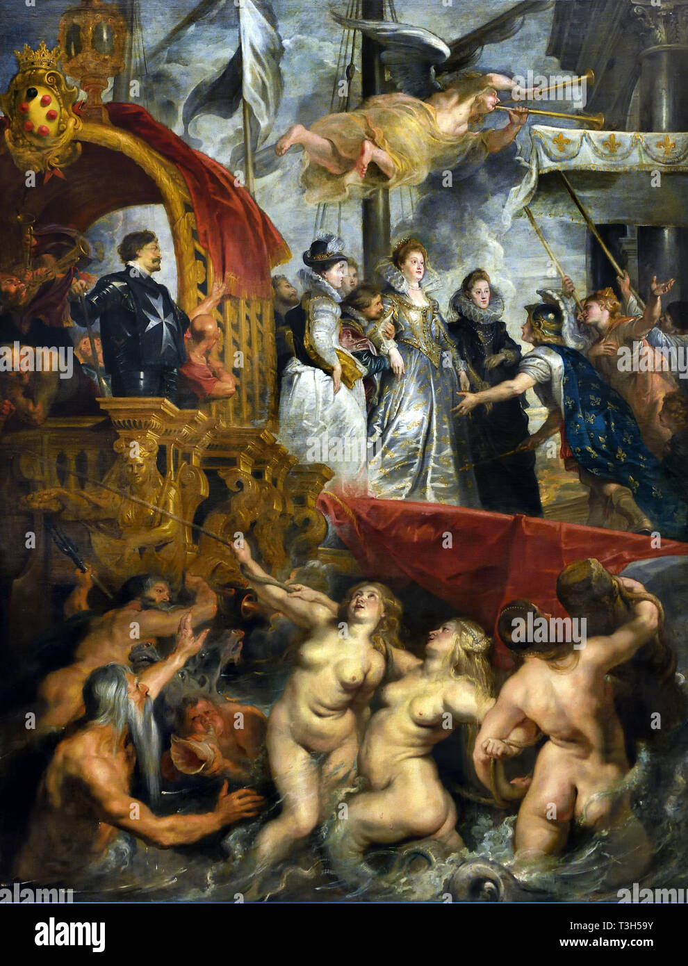Le Débarquement à Marseille - Le cycle de Marie de Médicis 1622-1624 Par Peter Paul Rubens commandé par la reine Marie de Médicis, veuve du Roi Henri IV de France, pour le Palais du Luxembourg à Paris,(ci-dessous, Poseidon, trois Nereids, un dieu de la mer Triton et montée de la mer.) Banque D'Images