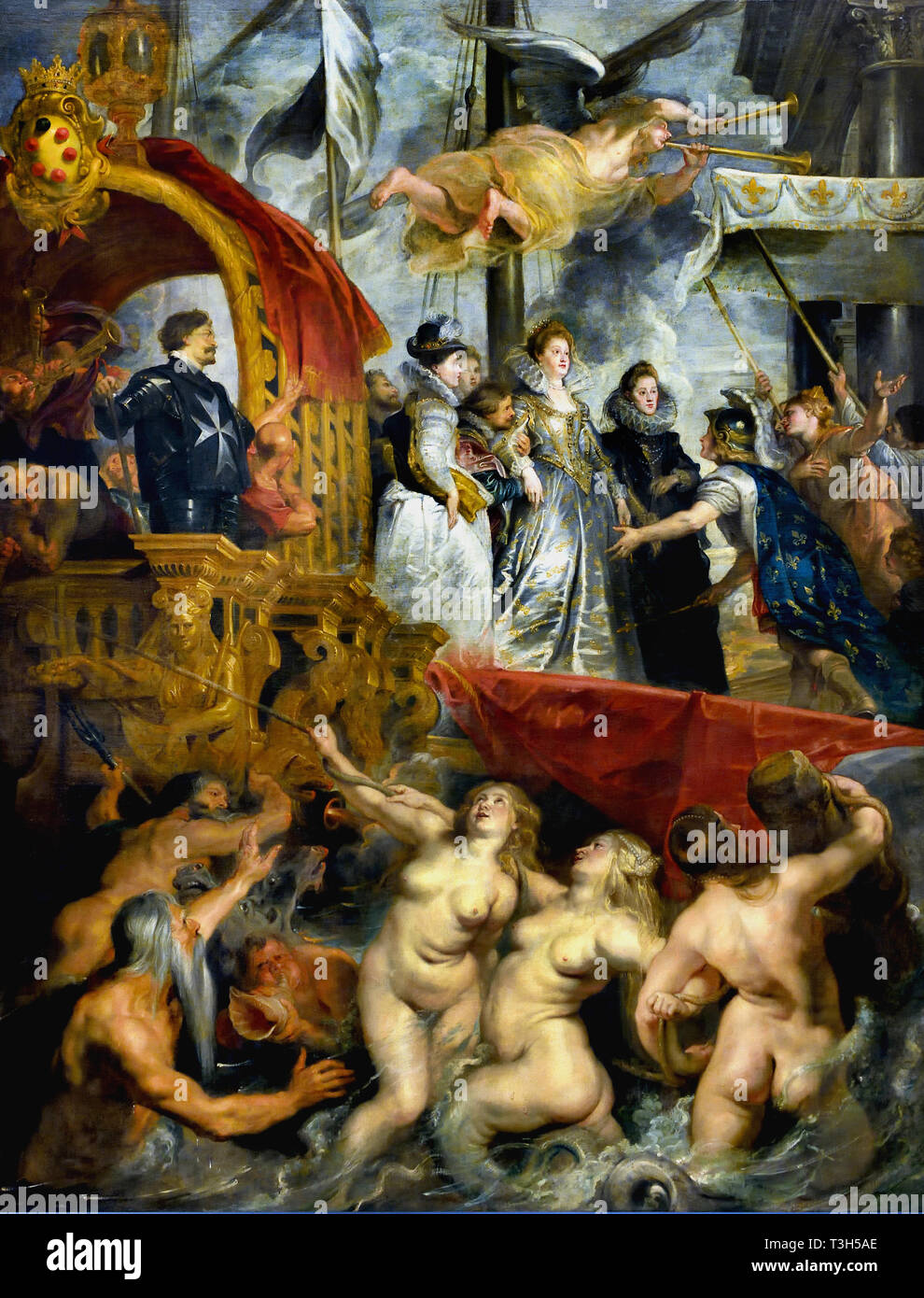 Le Débarquement à Marseille - Le cycle de Marie de Médicis 1622-1624 Par Peter Paul Rubens commandé par la reine Marie de Médicis, veuve du Roi Henri IV de France, pour le Palais du Luxembourg à Paris,(ci-dessous, Poseidon, trois Nereids, un dieu de la mer Triton et montée de la mer.) Banque D'Images