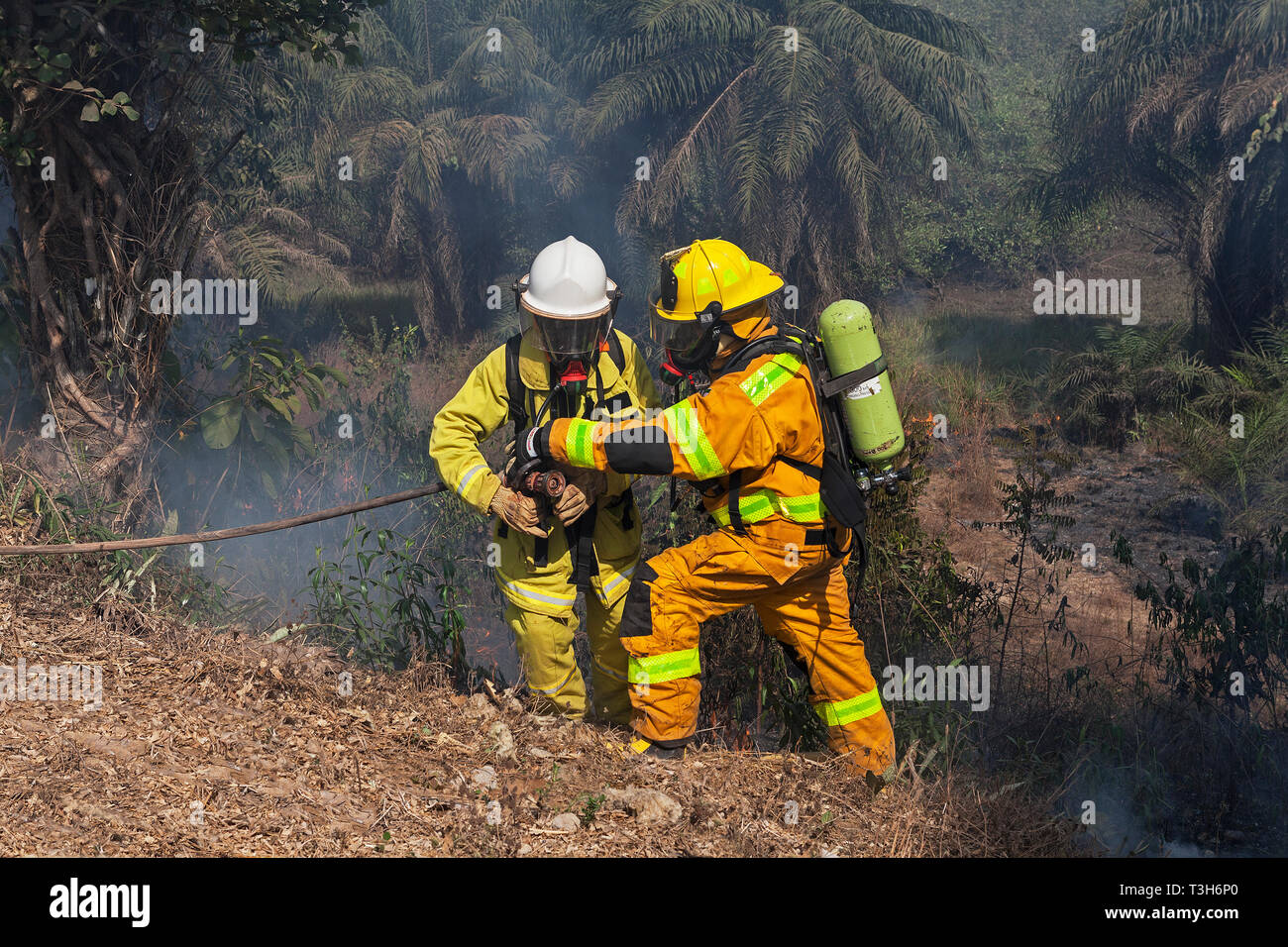 Dans la Sierra Leone d'entraînement de l'équipe d'intervention d'urgence dans la lutte contre l'incendie s'incendie se déclare entre forêt locale et communautaire avec moniteur Banque D'Images