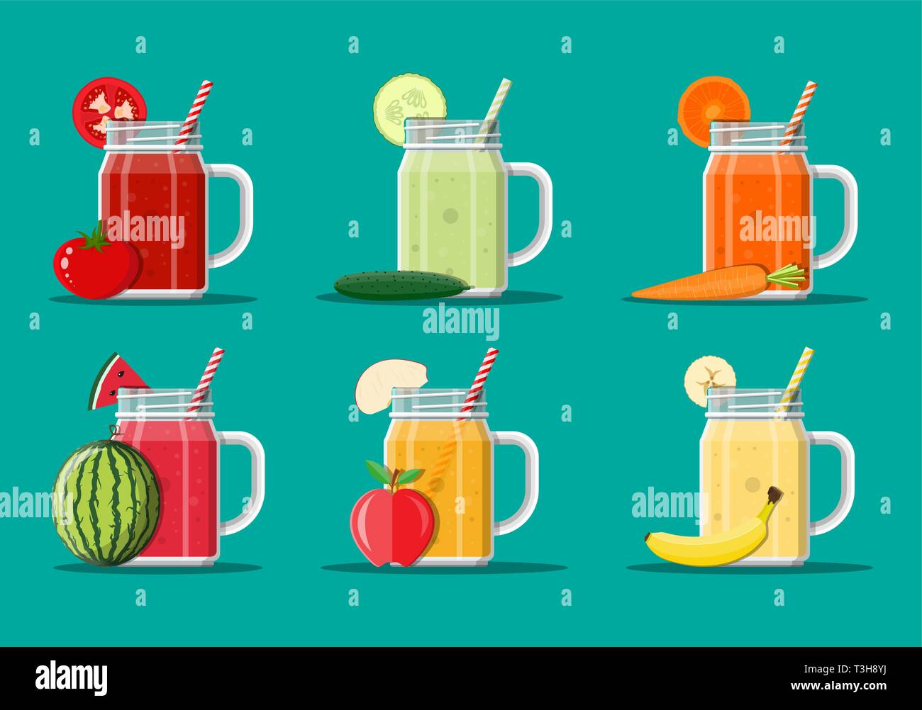 Pot de pastèque, pomme, banane, tomate, concombre, carotte smoothie d paille rayé. Pour des cocktails en verre avec poignée. Fruits et légumes frais j Illustration de Vecteur