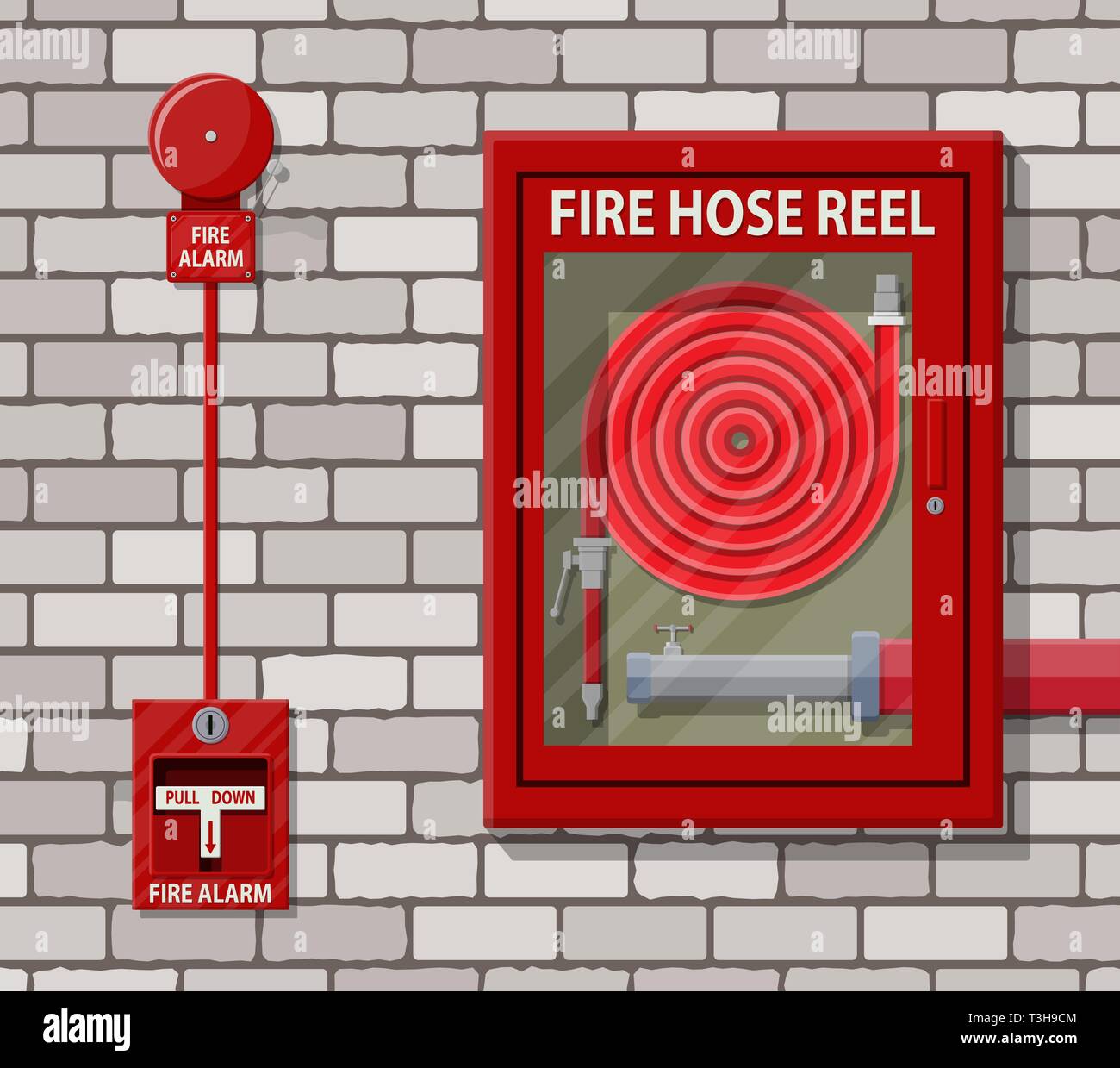 Le tuyau d'eau pour éteindre l'incendie dans l'armoire et d'un système d' alarme au mur de brique. Matériel d'incendie. Vector illustration style de  télévision Image Vectorielle Stock - Alamy