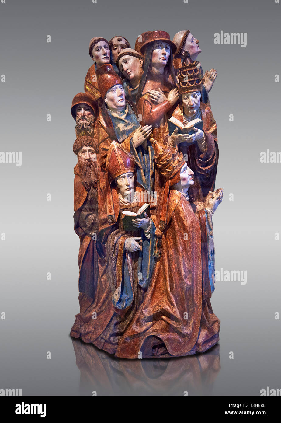 L'allégement en bois peint de retable sculpté de deux papes, un Cardinal, un évêque d'un canon et 7 prêtres priant faite en 1505 par Daniel Mauch de Ulm. Banque D'Images