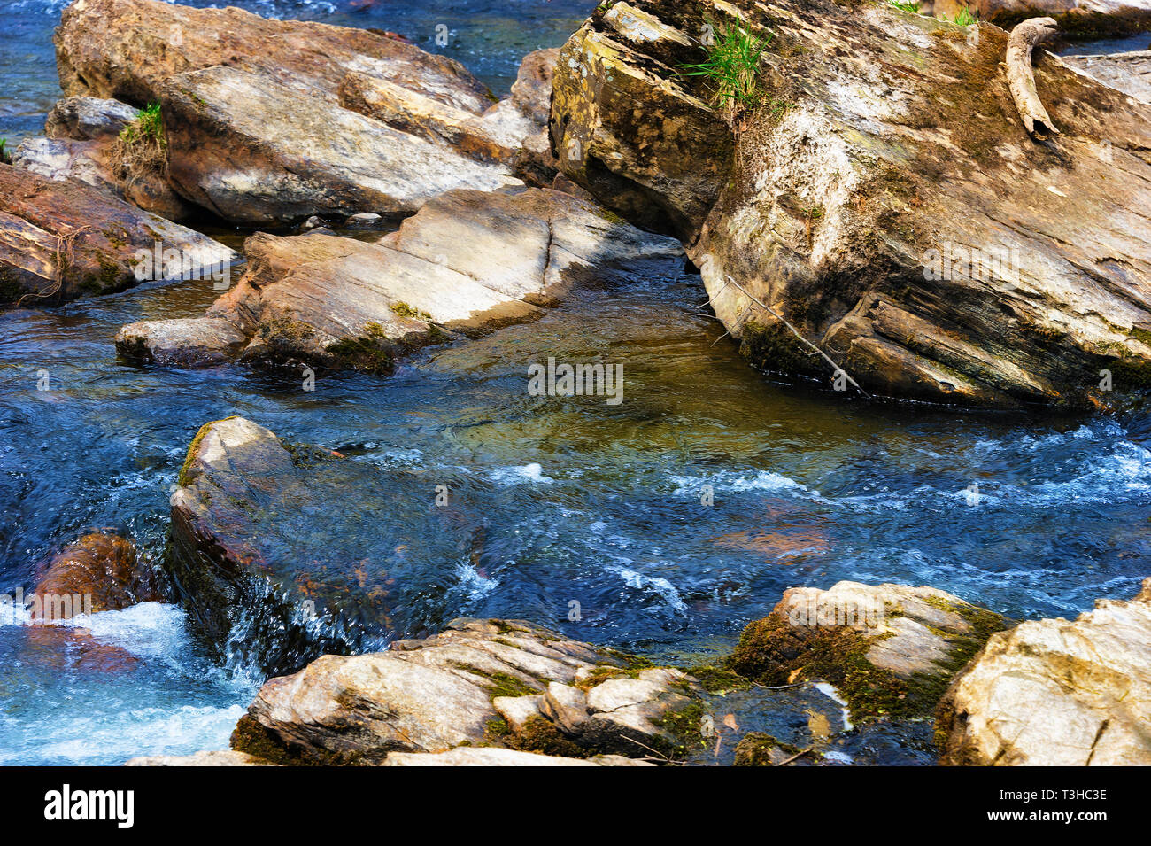 Close up de l'eau qui coule autour de gros rochers dans la rivière Watauga dans Ripley, Ohio. Banque D'Images