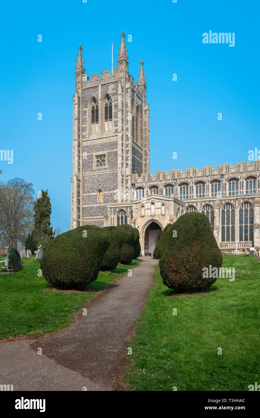 Long Melford Église, vue de la tour de l'église Holy Trinity - une grande église paroissiale médiévale dans le Suffolk village de Long Melford, England, UK. Banque D'Images