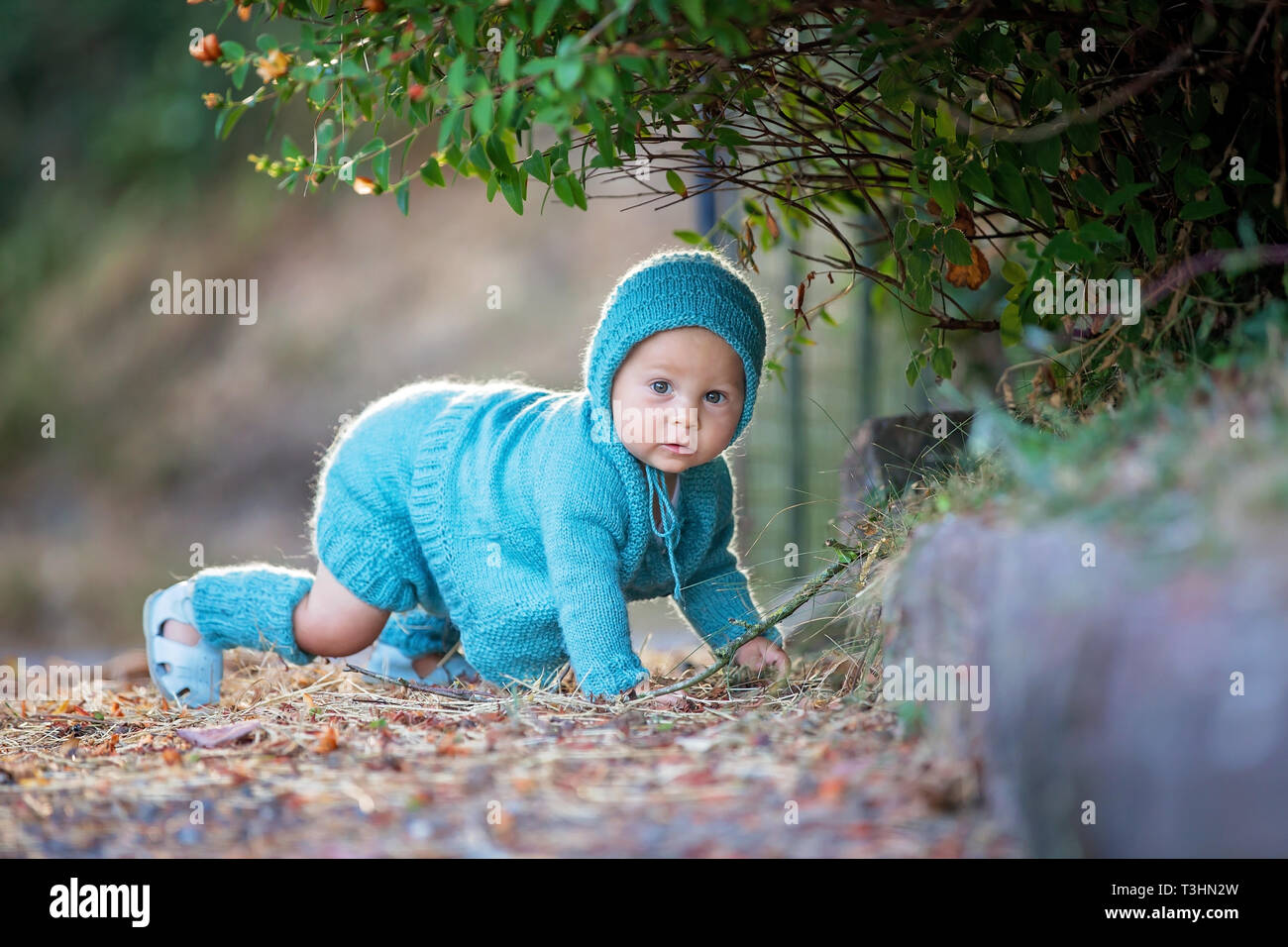 Beau garçon élégant tout-petit enfant drôle de visage avec bretelles en  jouant au printemps ou en été, Jardin, parc et nourrir son ours en peluche  Photo Stock - Alamy