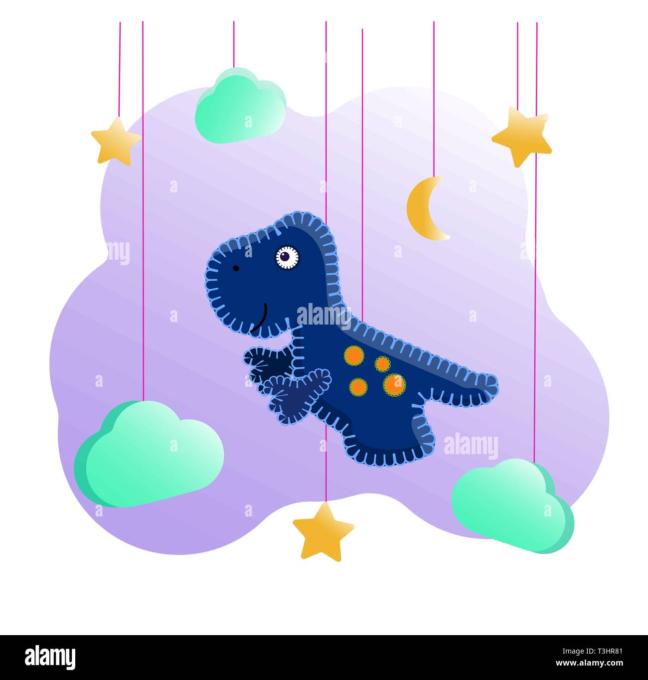 Tyrannosaurus bleu dans le style d'un jouet avec un fil de couture. Parmi les nuages et les étoiles. Décoration pour la chambre des enfants, d'affiches et l'impression Illustration de Vecteur