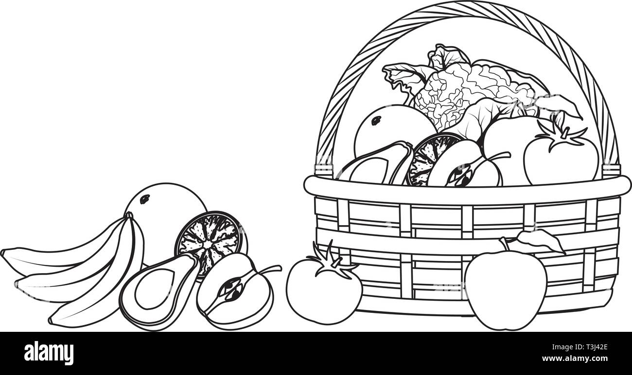 Panier en osier avec des fruits et légumes le noir et blanc Image  Vectorielle Stock - Alamy