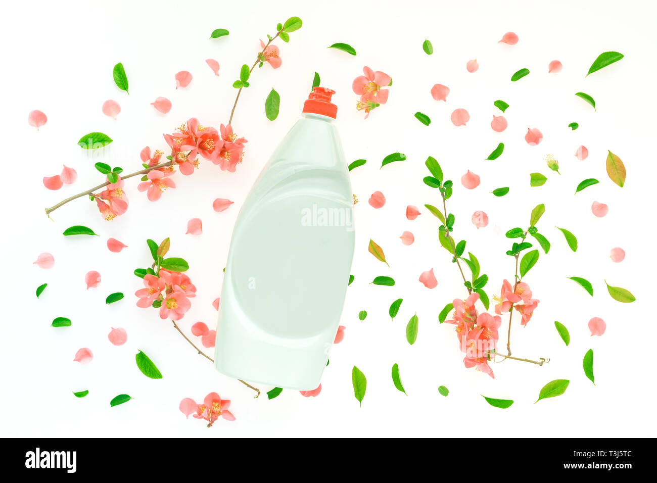 Bouteille de savon à vaisselle liquide maquette avec décoration florale de printemps Banque D'Images