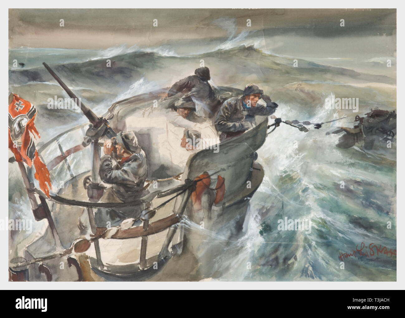Hans Liska (1907 - 1983), Bridge watch Aquarelle sur carton, représentant des officiers de quart à la passerelle d'un sous-marin en mer. Cinq marins en manteaux cirés à la recherche de navires ennemis, tandis que l'écrasement des disjoncteurs sur le pont. Sur le mât du drapeau de guerre du Reich en lambeaux. Dans l'arrière-plan le paysage impressionnant de la tempête-jeté de l'Atlantique. Signé en bas à droite 'Hans Liska 40'. Petits dégâts et trous de fixation sur la frontière. Taille 68 x 52 cm. Les images de la guerre sous-marine ont également été publiés dans la revue 'Signal' 1940 - 41. Hans Liska a étudié sous Löffler au Vienna , Editorial-Use-seulement Banque D'Images